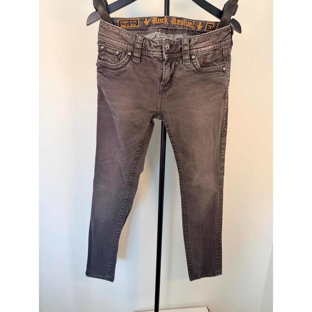 Rock Revival Celine S49 Skinny Jeans Grey Embroidered Sequin Flap Pocket Size 28